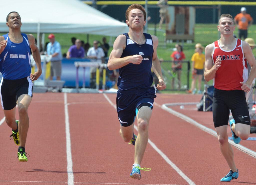 MIKE McMAHON - MMcMAHON@DIGITALFIRSTMEDIA.COM, Liam Lynch of Renssalaer 40m 1st place time of 49.06  ahead of Justin Liechty of Saranac in track and field state championships begin at UAlbany, Friday June 12, 2015